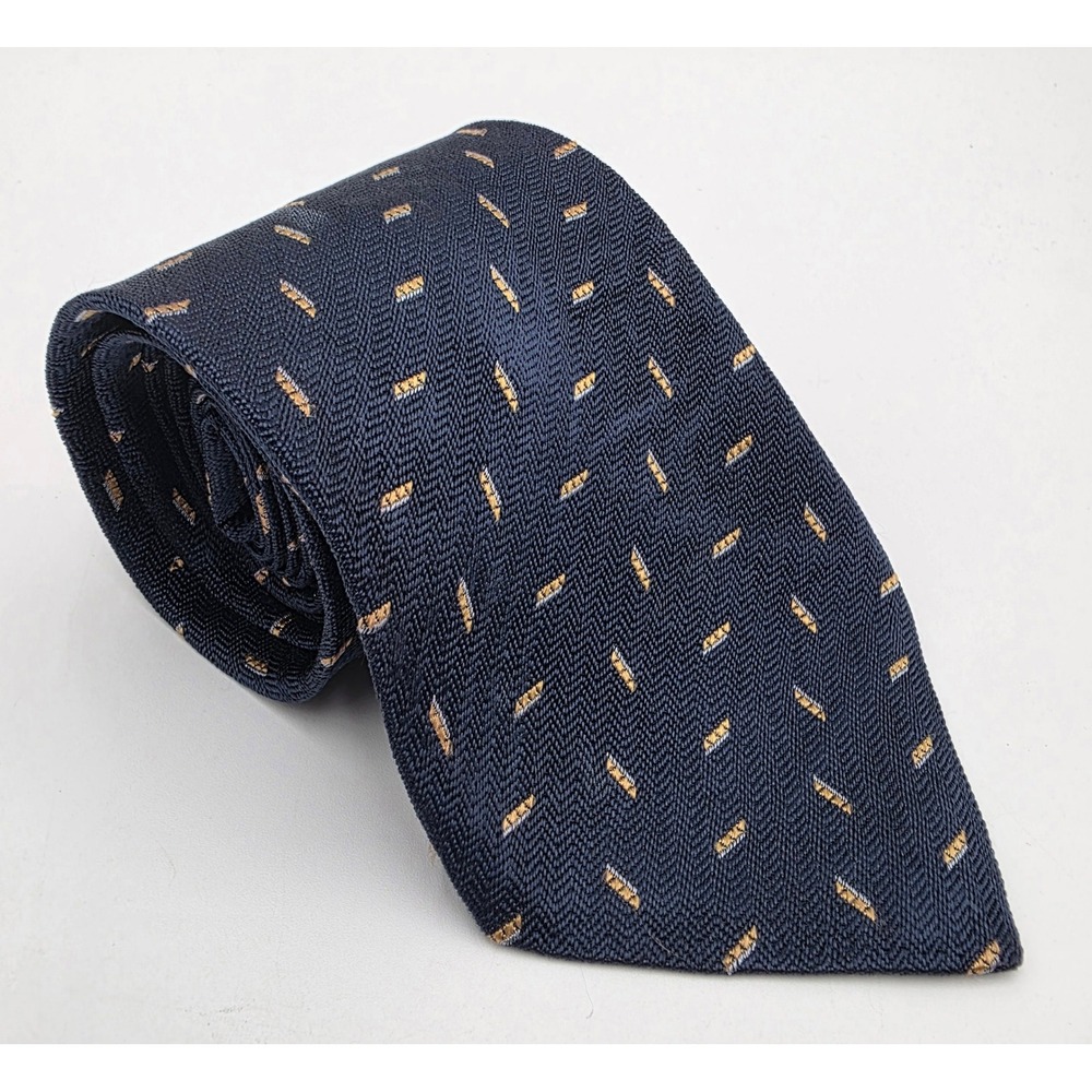 Ermenegildo Zegna Navy Blue Herringbone Silk Geometric Tie Made in Italy